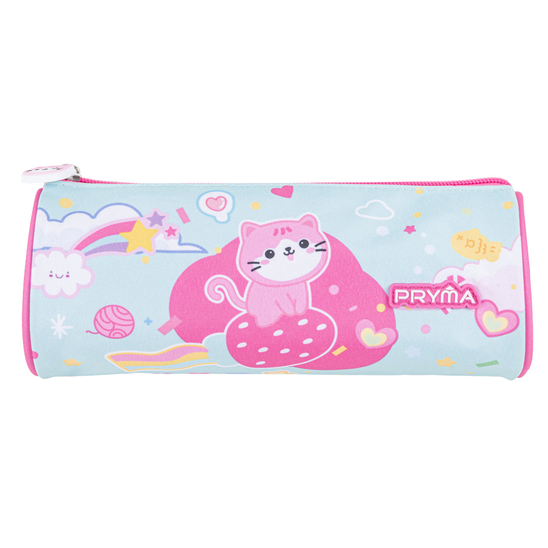 Pryma Astuccio Tombolino Portapenne Kawaii 22x8cm – Cilindrico per Scuola, Gattino Sfondo Turchese