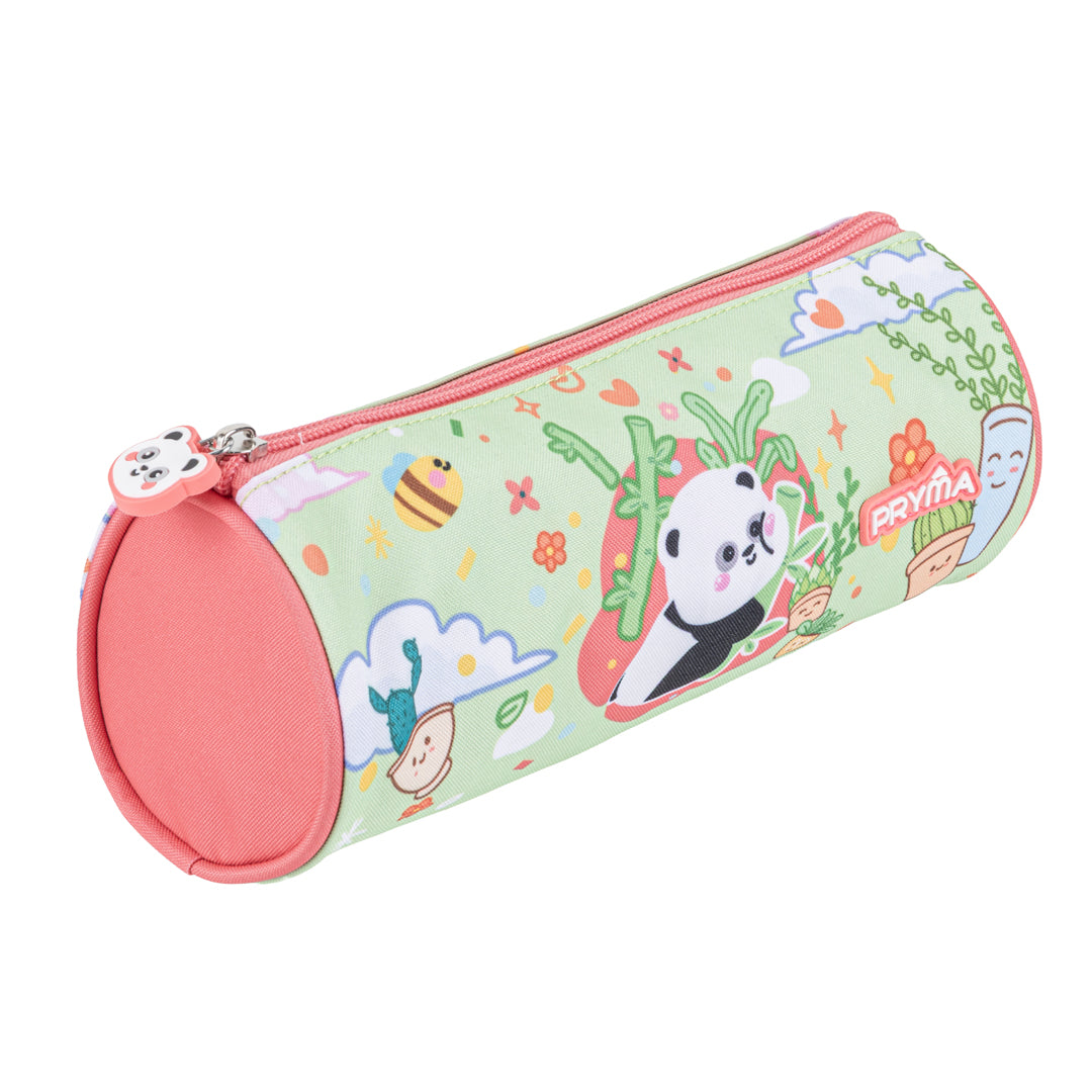 Pryma Astuccio Tombolino Portapenne Kawaii 22x8cm – Cilindrico per Scuola, Panda Sfondo Verde