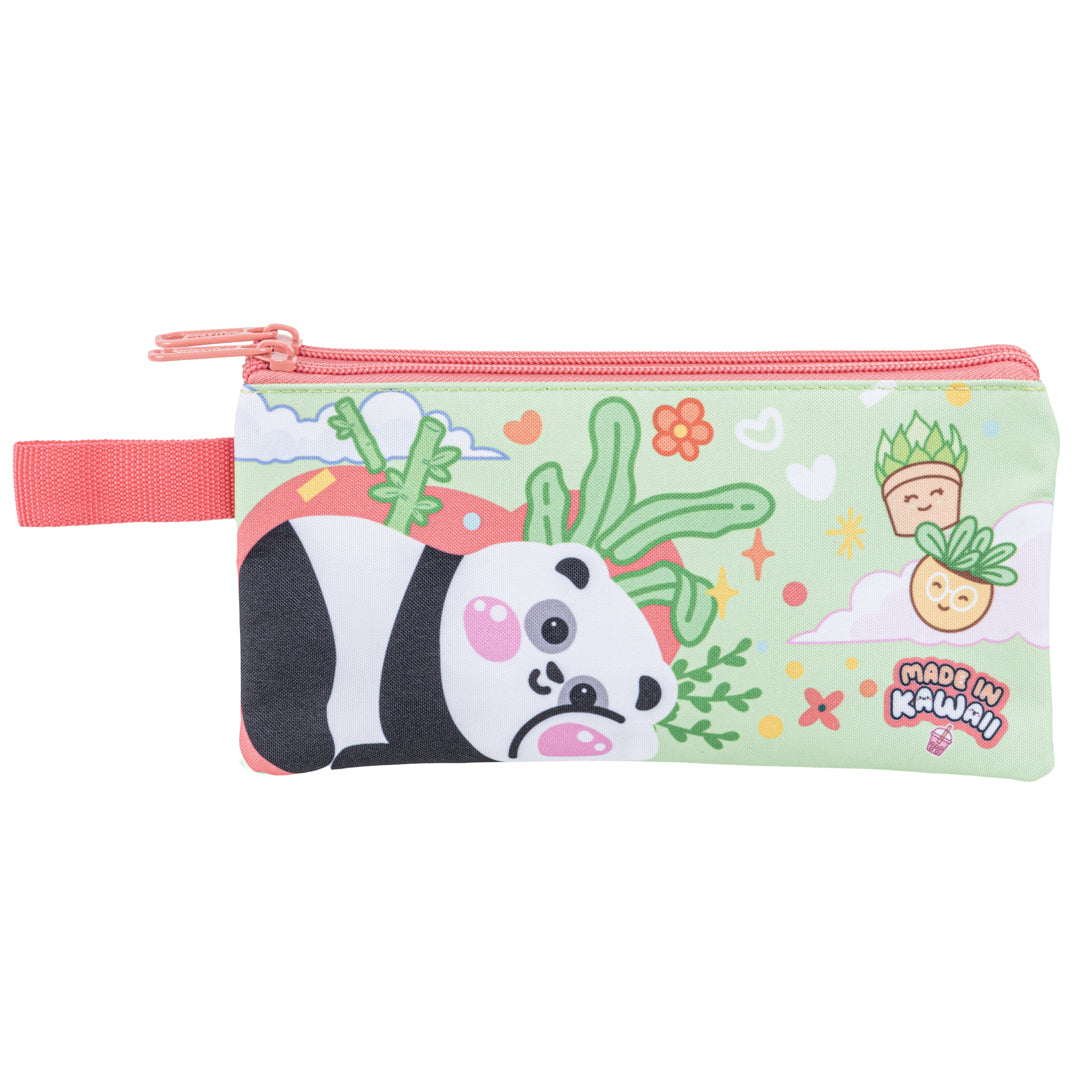 Pryma Astuccio 1 Zip Bustina Kawaii 22.5x12.5cm – Portapenne Piatto per Scuola, Panda Verde