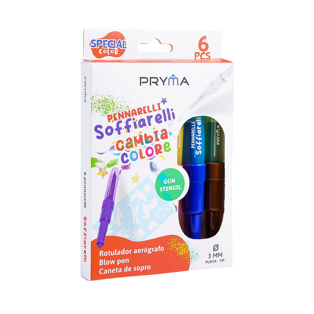Pryma Pennarelli Soffiarelli Cambia Colore 3in1 – Set 6 Aerografo per Bambini, Stencil Inclusi