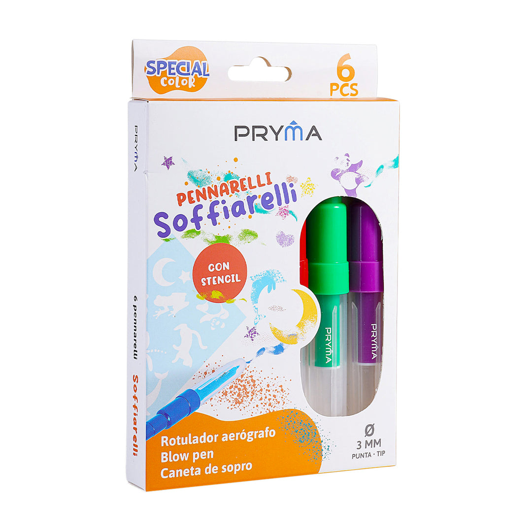 Pryma Pennarelli Soffiarelli 2in1 – Set 6 Aerografo Manuale per Bambini, Colori Assortiti e Stencil