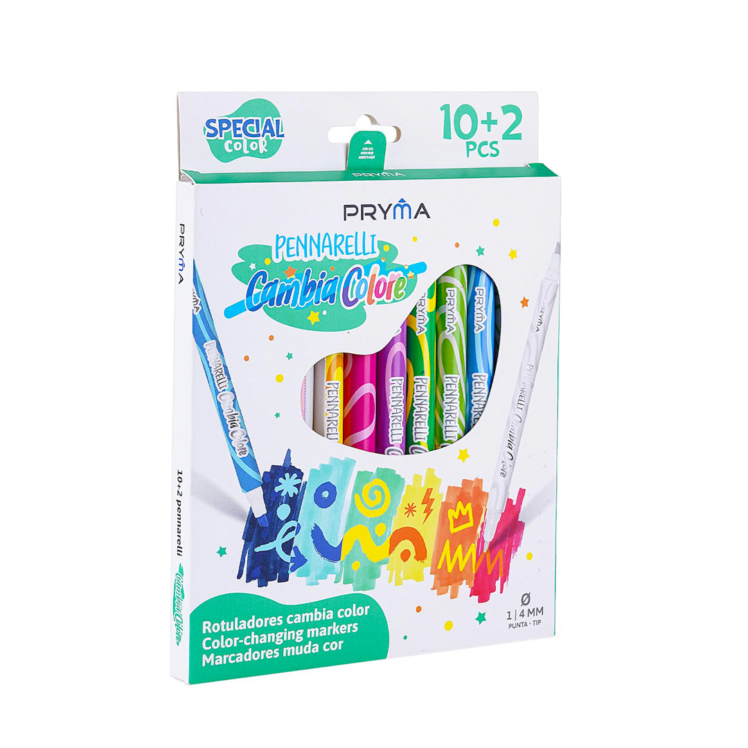 Pryma Pennarelli Cambia Colore 10+2 – Set 12 Doppia Punta 1-4mm per Disegno Creativo a Scuola