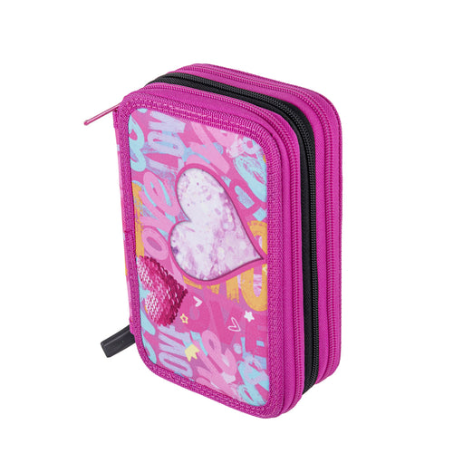 Pryma Astuccio 3 Zip Shiny 20x13x7cm – Astuccio Triplo Scuola, Cuore Paillettes Born to Shine