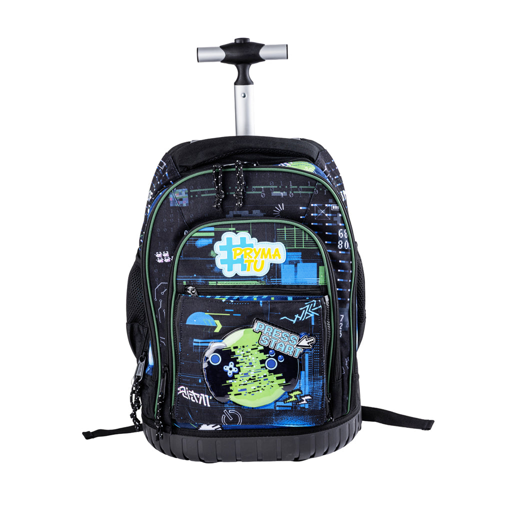 Pryma Trolley Scuola Game 47x24x33cm – Zaino con Ruote 3 Scomparti, Gaming Press Start