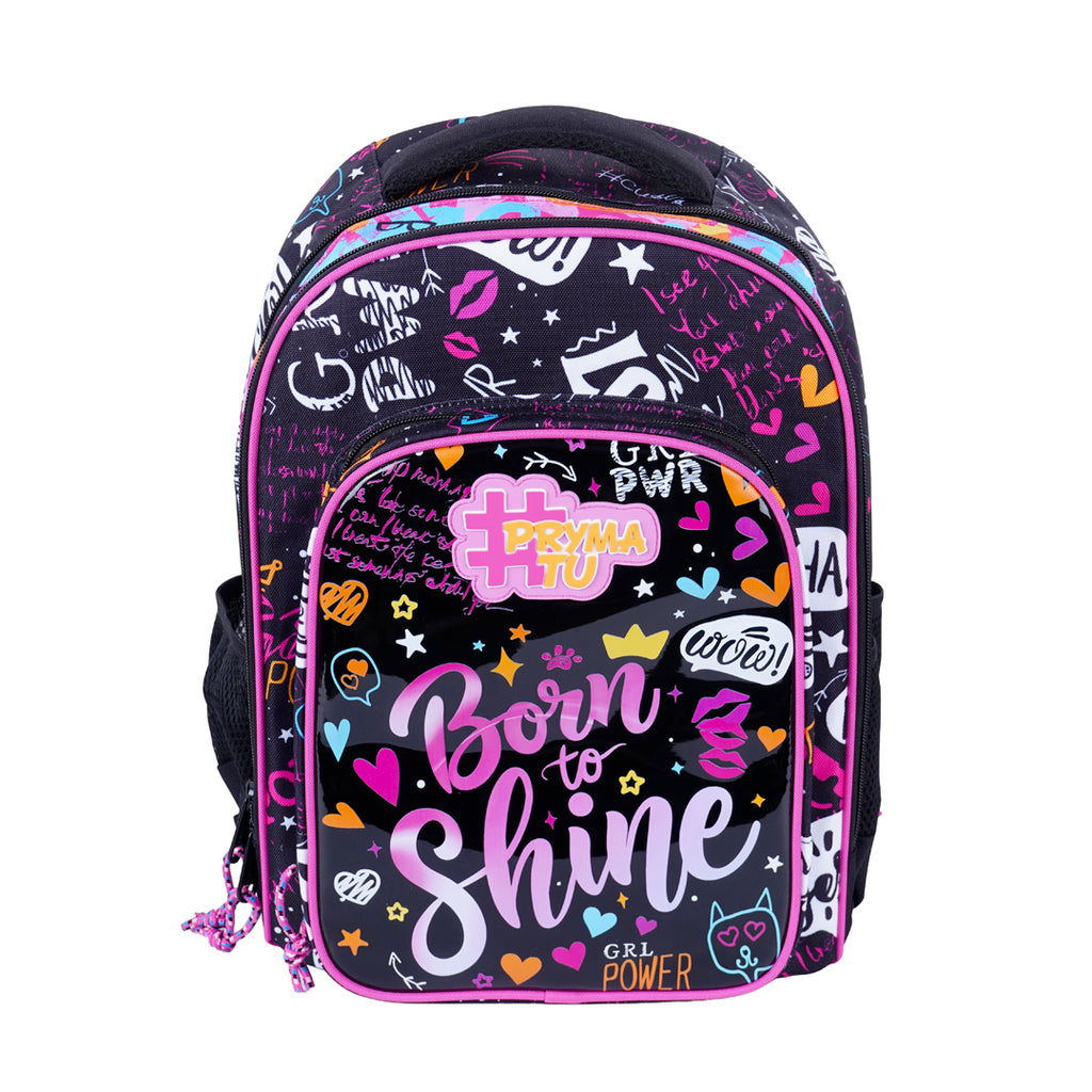 Pryma Zaino Scuola Shiny 43x25x30cm – Zaino 3 Scomparti, Cuori Paillettes Born to Shine