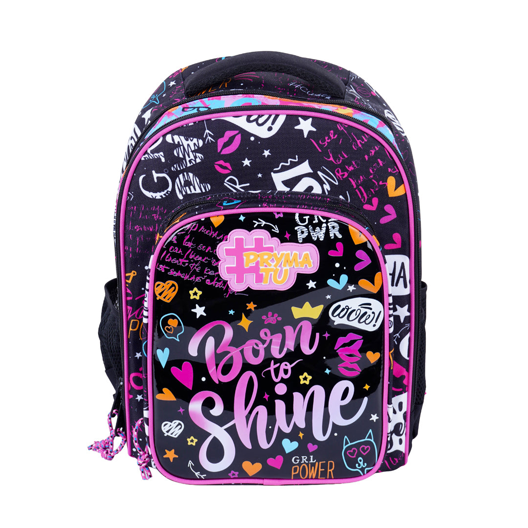 Pryma Zaino Scuola Shiny 43x25x30cm – Zaino 3 Scomparti, Cuori Paillettes Born to Shine