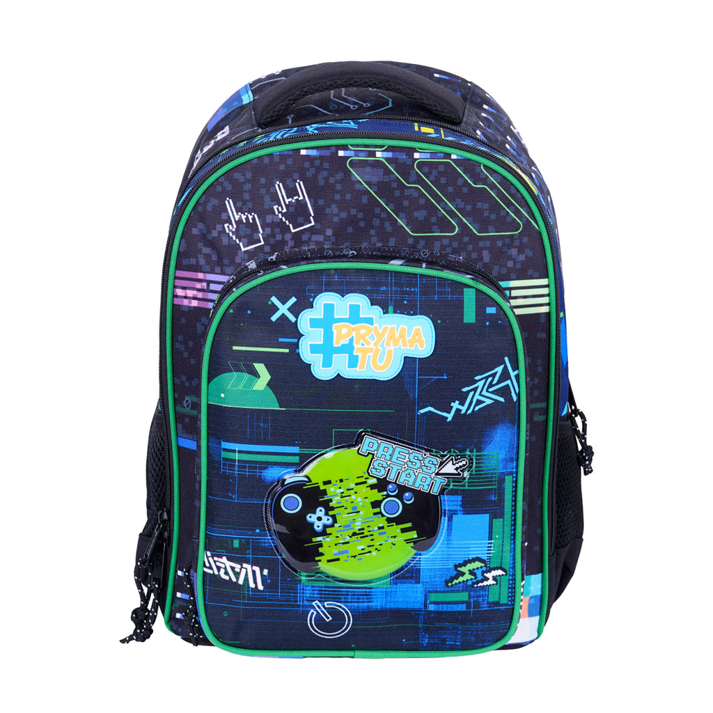 Pryma Zaino Scuola Game 43x25x30cm – Zaino 3 Scomparti, Grafica Gaming Cyber Tech