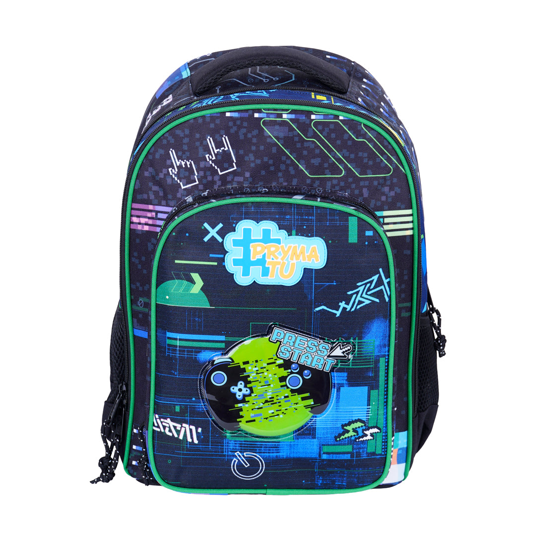 Pryma Zaino Scuola Game 43x25x30cm – Zaino 3 Scomparti, Grafica Gaming Cyber Tech