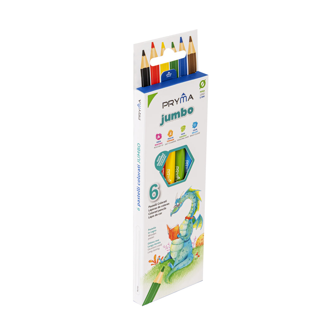 Pryma Jumbo 6 Pastelli Colorati Grandi – Matite Maxi Scuola, Mina Spessa 5.0mm Impugnatura Facile