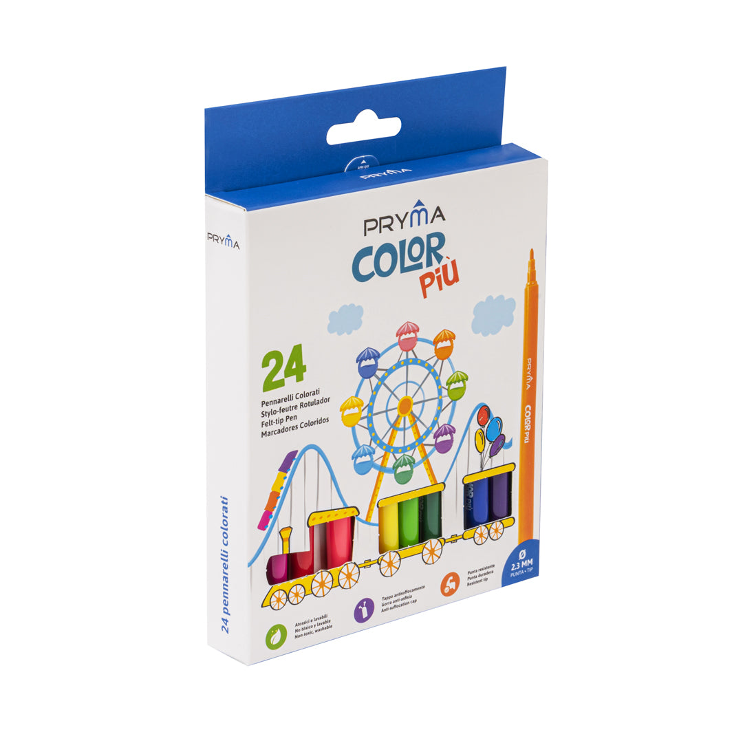 Pryma ColorPiù 24 Pennarelli Colorati – Penne a Feltro per Scuola, Punta Fine 2.3mm Lavabili