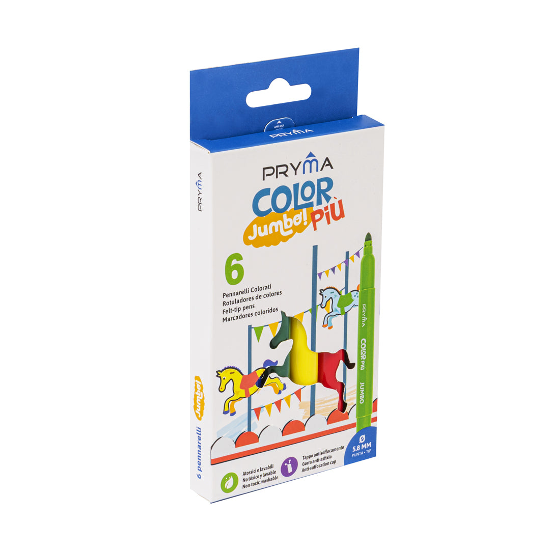 Pryma ColorPiù Jumbo 6 Pennarelli Grandi – Penne a Feltro Maxi per Scuola, Punta 5.8mm Lavabili