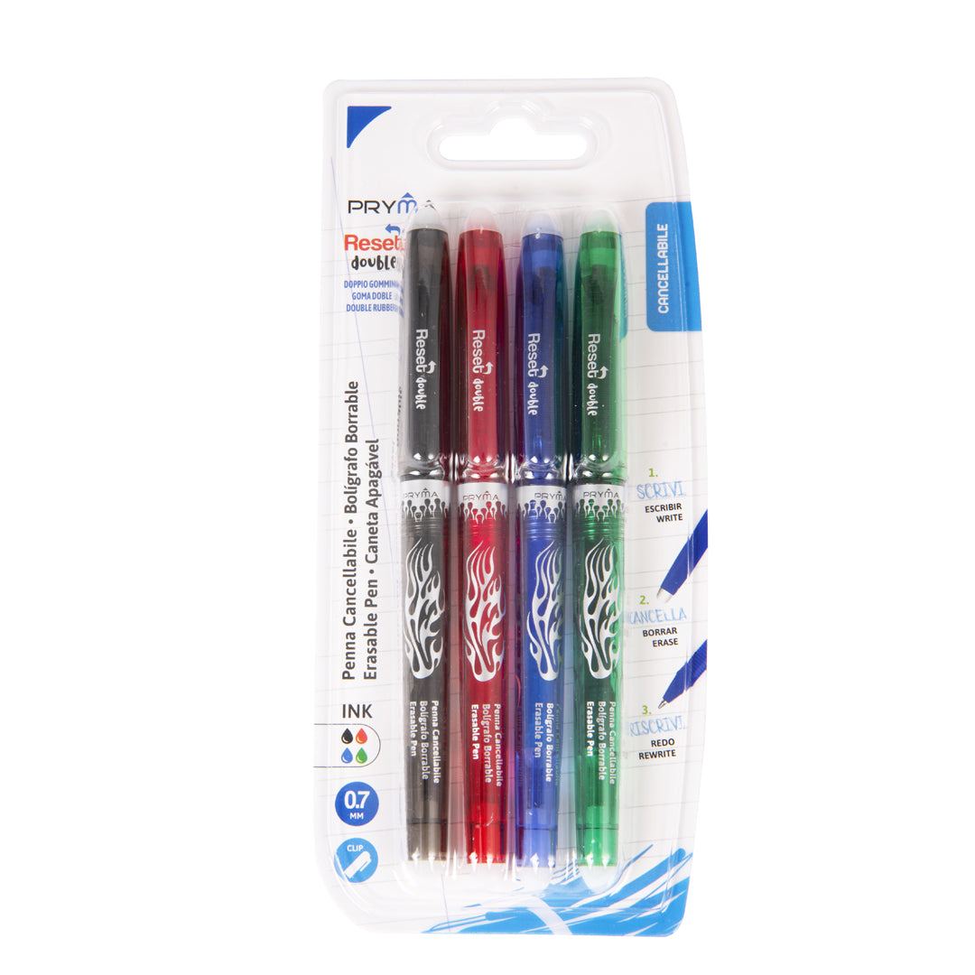 Pryma Set 4 Penne Cancellabili Doppia Gomma 0.7mm – Penne Gel Scrivi e Cancella, Colori Assortiti