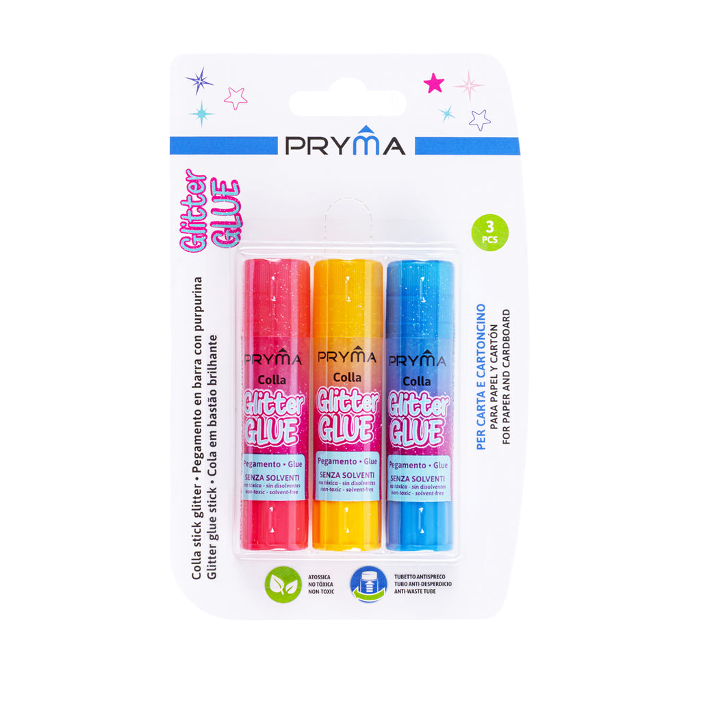 Pryma Colla Stick Glitter 8g Set 3 – Colla Solida Brillantini Atossica per Scuola e Lavoretti