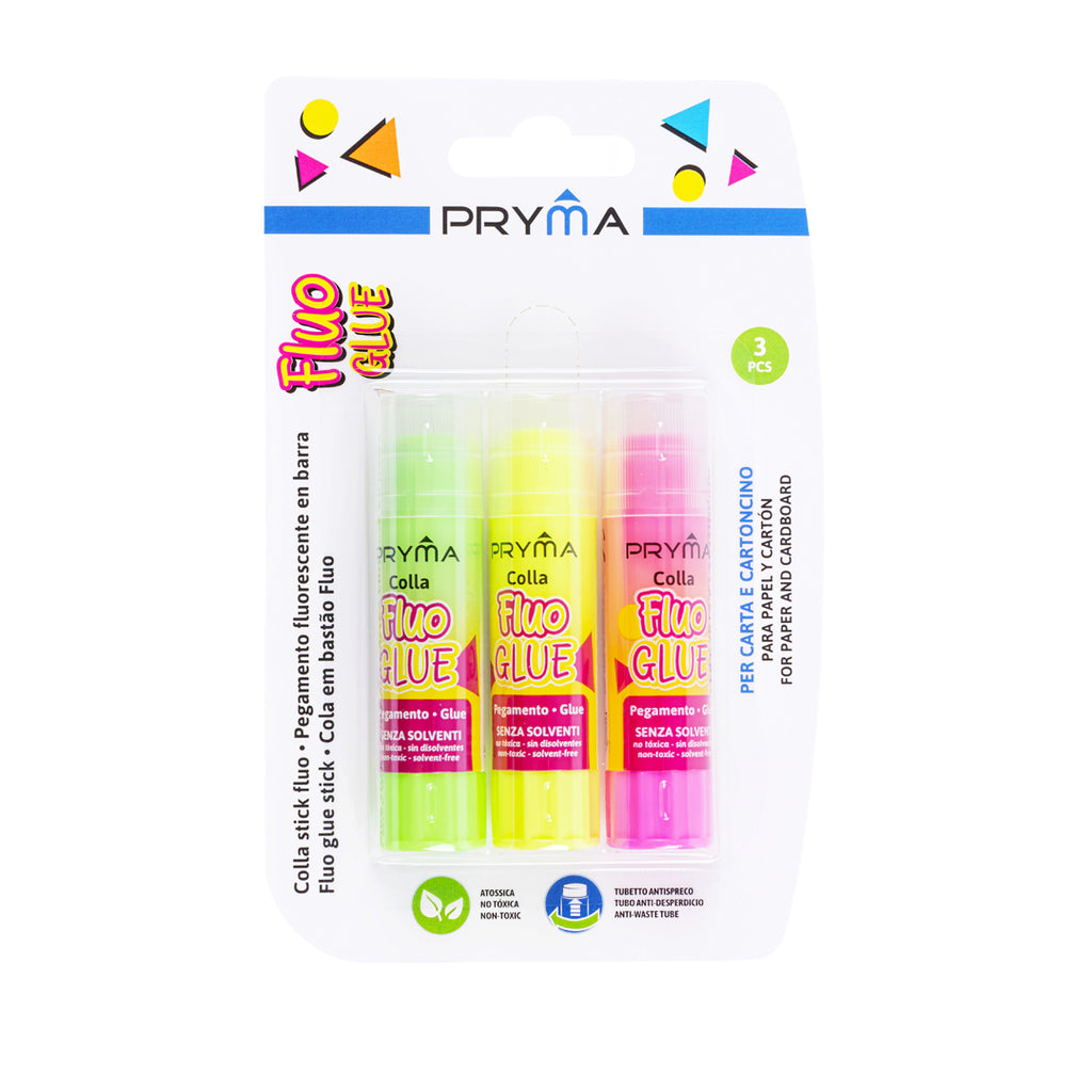 Pryma Colla Stick Fluo 8g Set 3 – Colla Solida Tonalità Fluo Atossica per Scuola ed Effetti Creativi