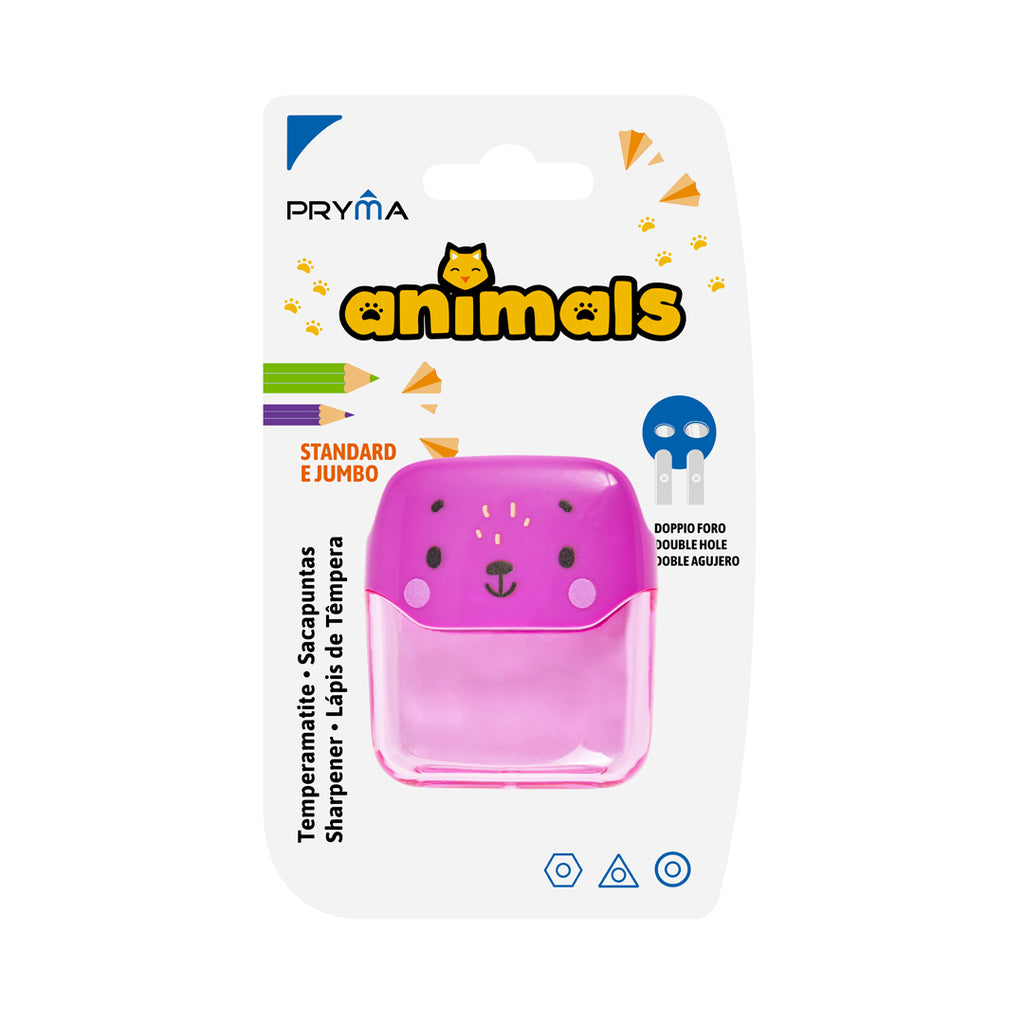 Pryma Temperino con Contenitore 2 Fori – Appuntamatite Doppio Serbatoio per Scuola, Fucsia Animals