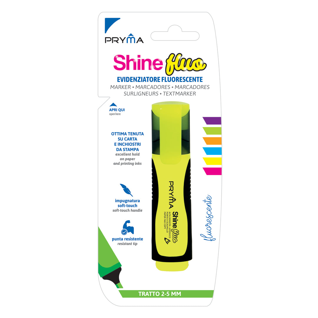 Pryma Evidenziatore Shine Fluo Giallo – Punta a Scalpello 2-5mm Soft-Touch per Scuola e Ufficio