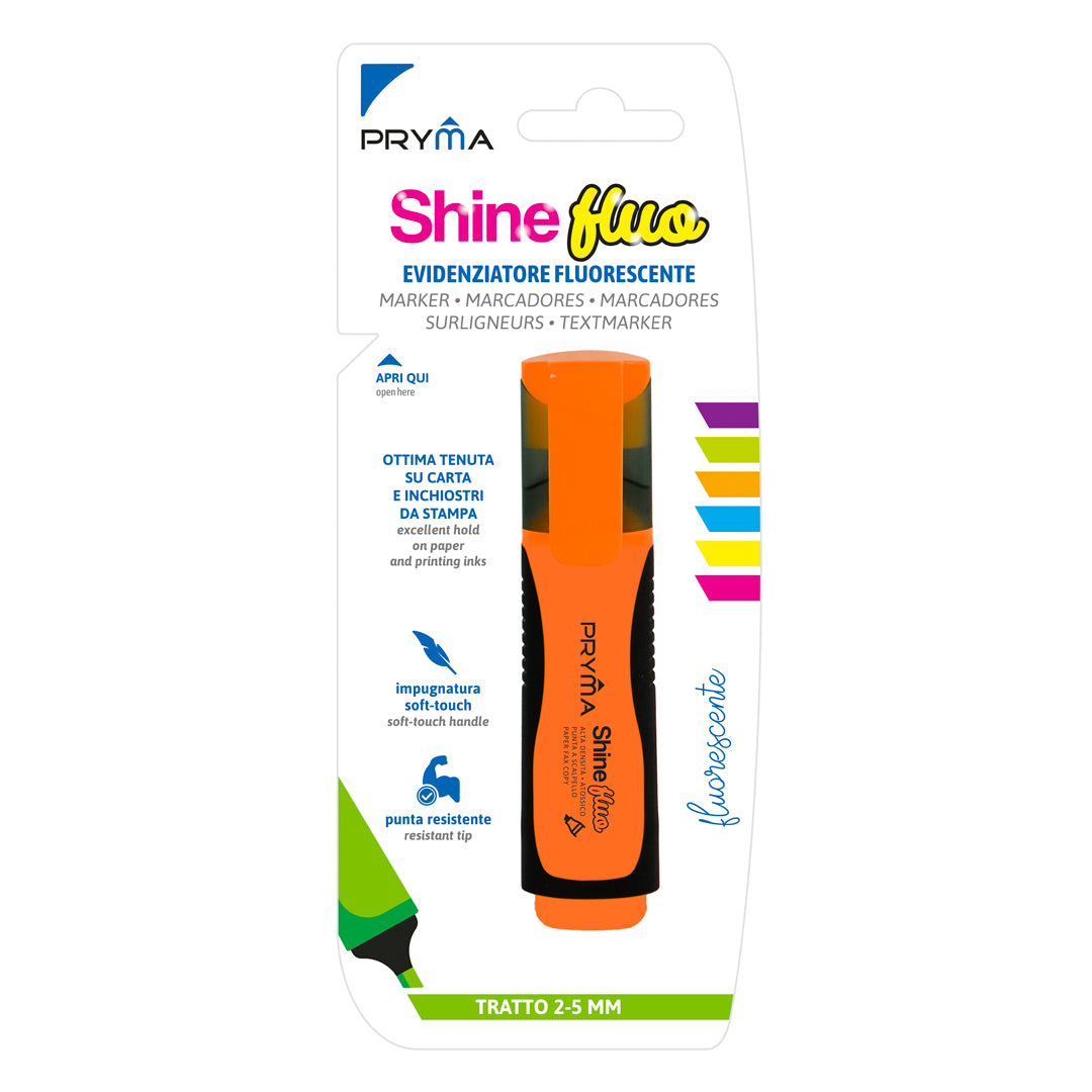 Pryma Evidenziatore Shine Fluo Arancione – Punta a Scalpello Tratto 2-5mm Soft-Touch per Scuola