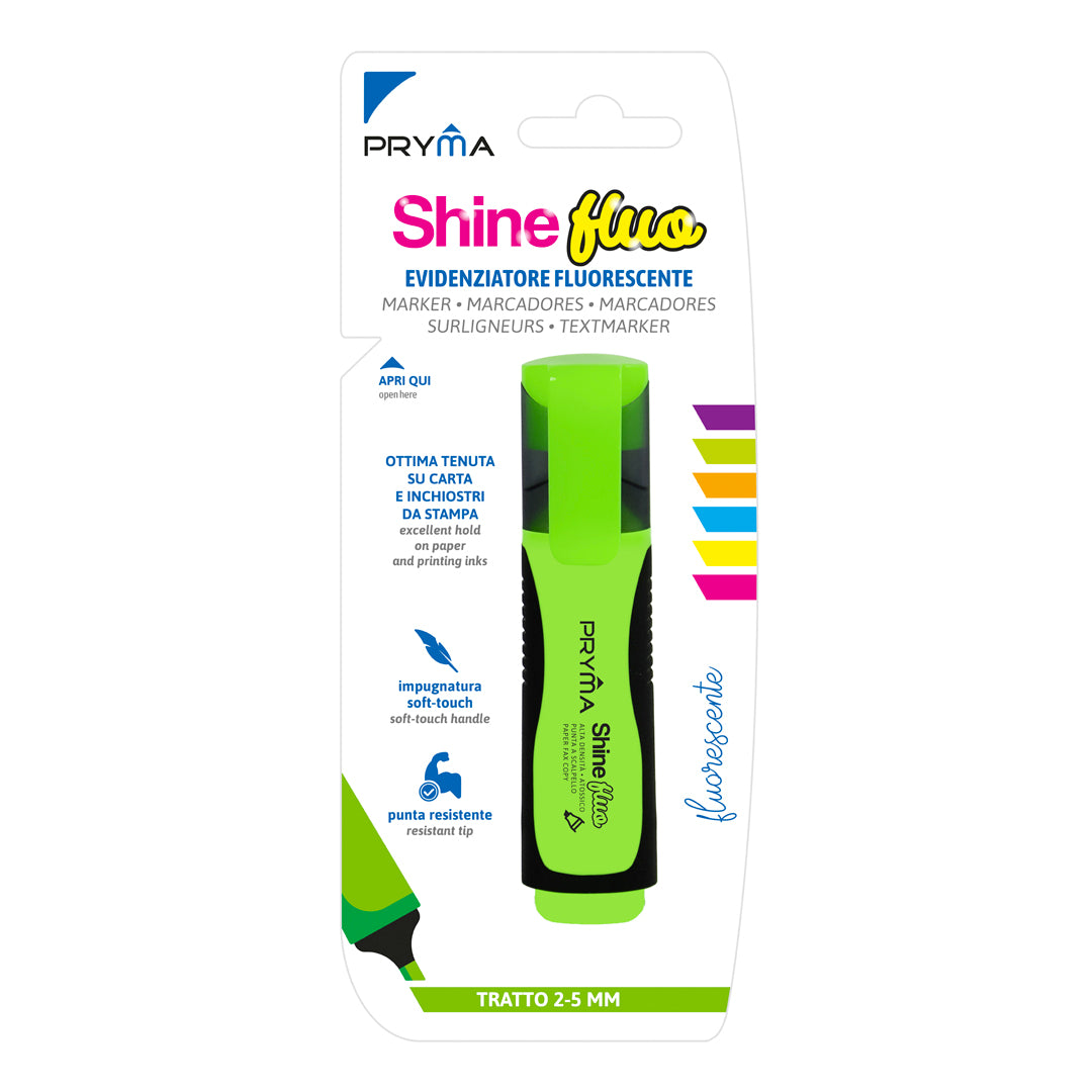 Pryma Evidenziatore Shine Fluo Verde – Punta a Scalpello 2-5mm Soft-Touch per Scuola e Ufficio