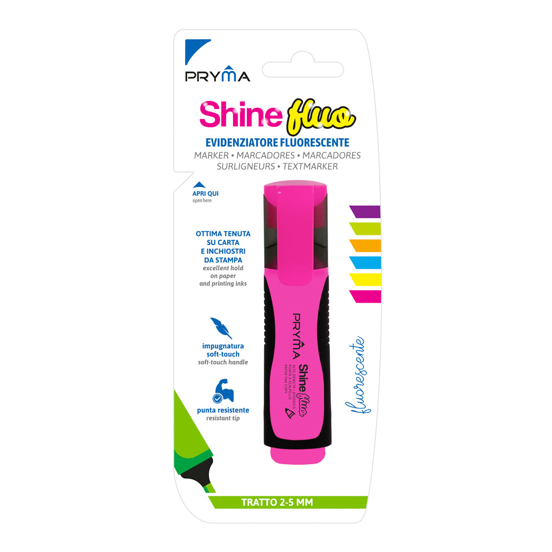 Pryma Evidenziatore Shine Fluo Rosa – Punta a Scalpello Tratto 2-5mm Soft-Touch per Scuola e Ufficio