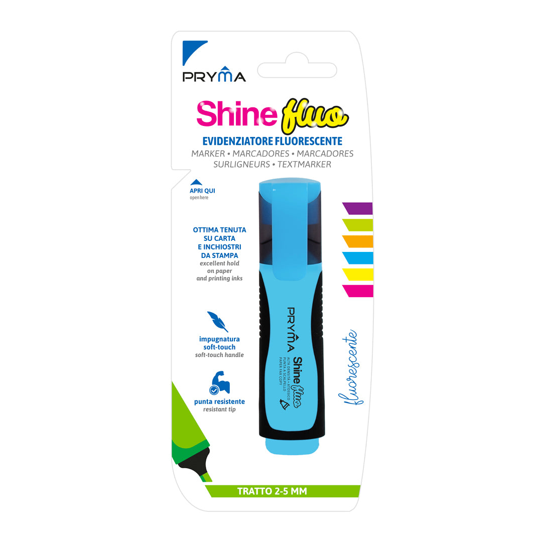 Pryma Evidenziatore Shine Fluo Blu – Punta a Scalpello Tratto 2-5mm Soft-Touch per Scuola e Ufficio