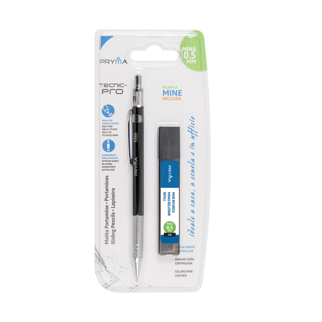 Pryma Portamina Professionale HB 0.5mm – Matita Meccanica Metallica Clip Disegno Tecnico, Nero