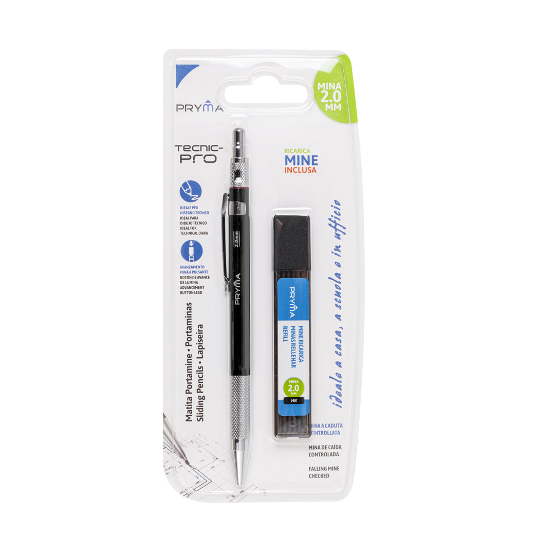 Pryma Portamina Professionale HB 2.0mm – Matita Meccanica Metallica per Disegno Artistico, Nero
