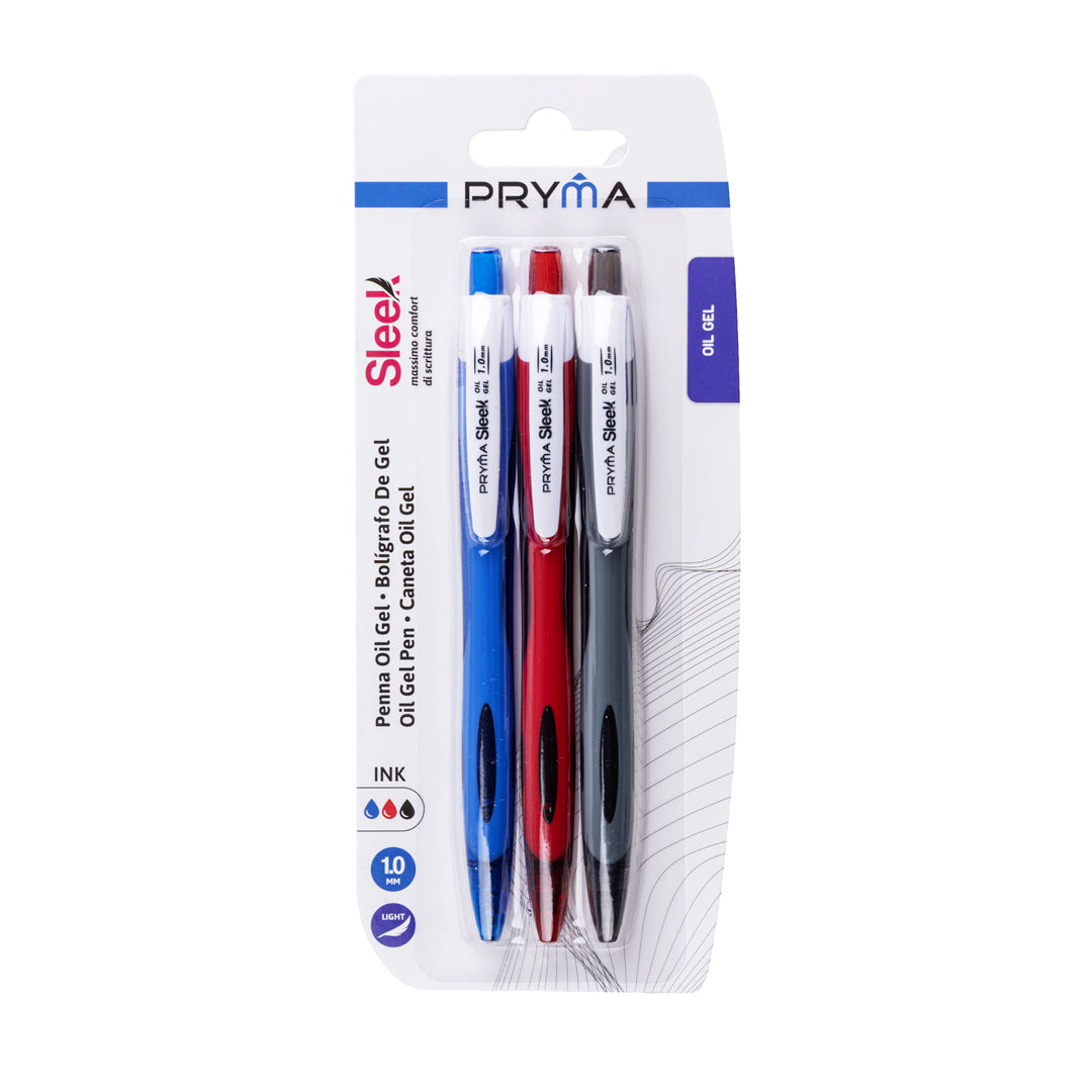 Pryma Penna Oil Gel a Scatto Sleek 1.0mm – Set 3 Penne Assortite Blu Rossa Nera Ergonomiche