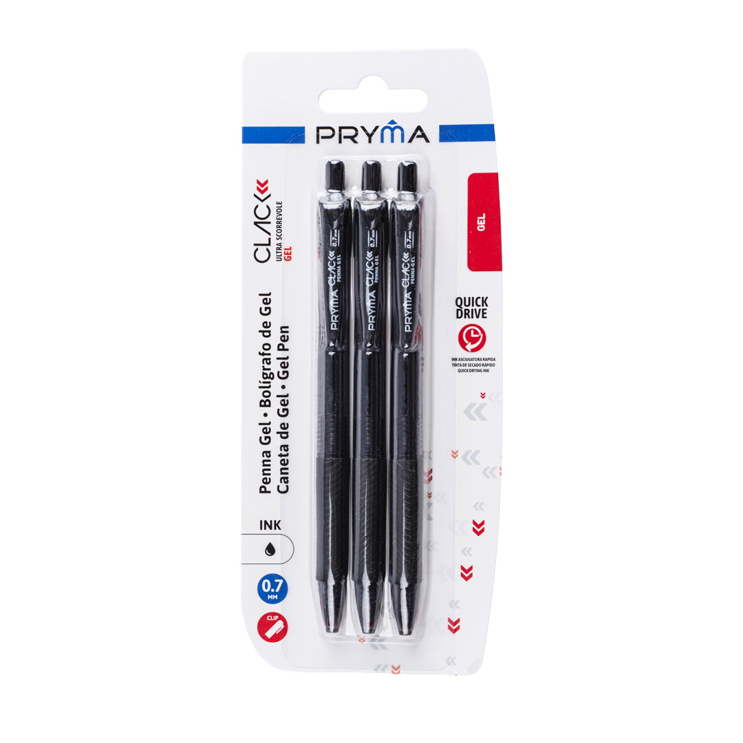 Pryma Penna Gel Clack 0.7mm – Set 3 Penne a Scatto Inchiostro Nero Retrattili per Scuola e Ufficio