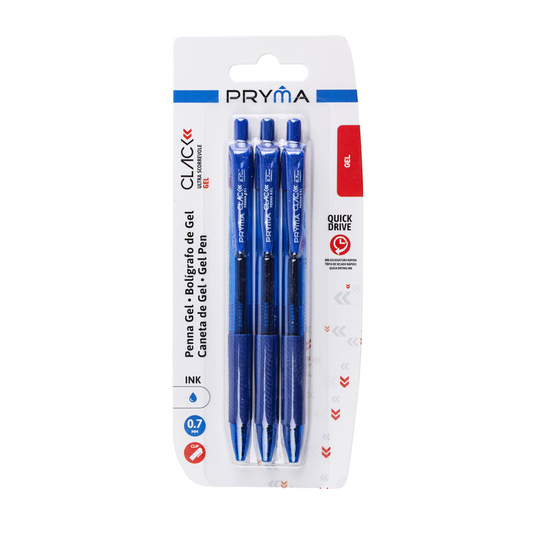 Pryma Penna Gel Clack 0.7mm – Set 3 Penne a Scatto Inchiostro Blu Retrattili per Scuola e Ufficio