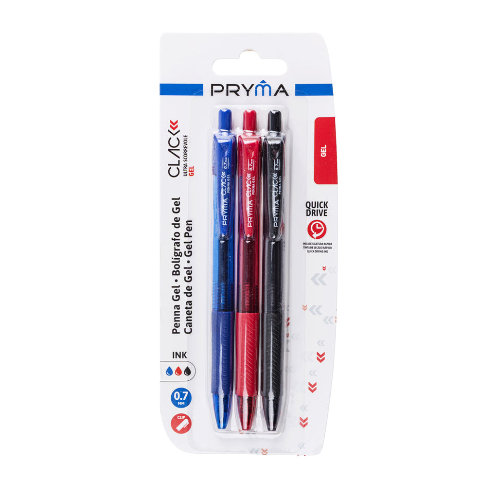 Pryma Penna Gel Clack 0.7mm – Set 3 Penne a Scatto Assortite Blu Rossa Nera per Scuola e Ufficio