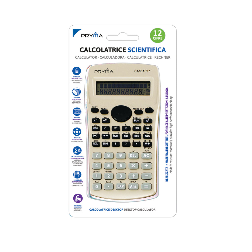 Pryma Calcolatrice Scientifica 12 Cifre – Multifunzione Ultra Compatta 160x80x11mm per Scuola, Beige