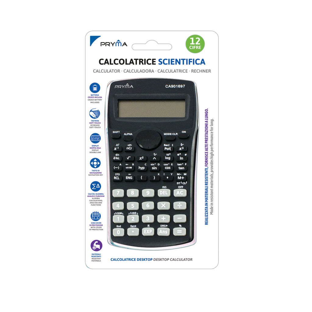 Pryma Calcolatrice Scientifica 12 Cifre – Multifunzione Ultra Compatta 160x80x11mm per Scuola, Nero