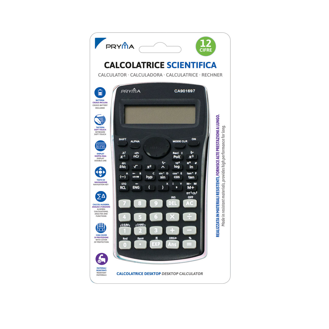 Pryma Calcolatrice Scientifica 12 Cifre – Multifunzione Ultra Compatta 160x80x11mm per Scuola, Nero
