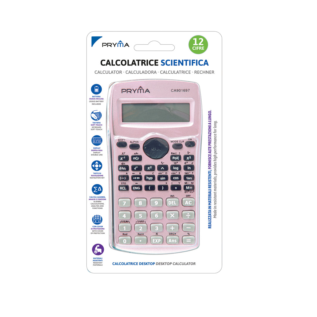 Pryma Calcolatrice Scientifica 12 Cifre – Multifunzione Ultra Compatta 160x80x11mm per Scuola, Rosa
