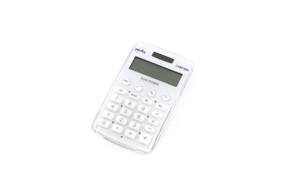 Pryma Calcolatrice da Tavolo 8 Cifre – Compatta Dual Power Tasti Grandi 112x68x14mm, Bianco