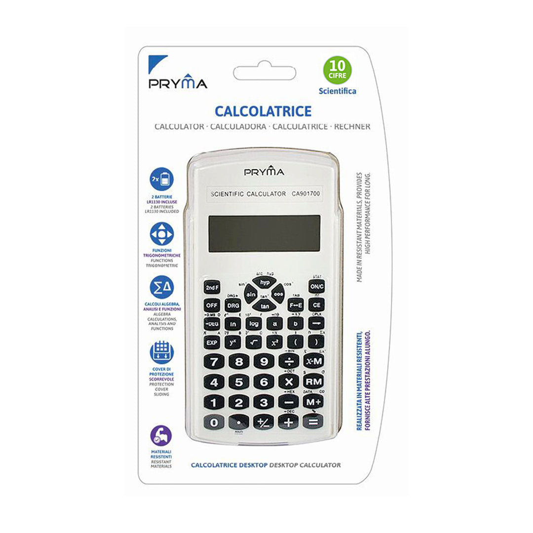 Pryma Calcolatrice Scientifica 10 Cifre – Multifunzione Portatile 153x78x18mm per Scuola, Bianco