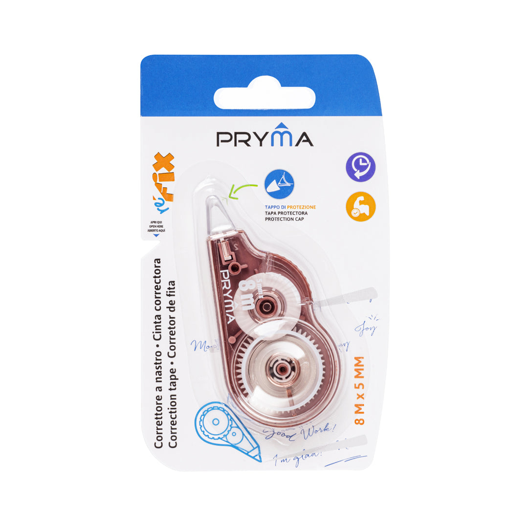 Pryma Correttore a Nastro Refix 5mm x 8m – Roller Alta Coprenza con Tappo, Rosa Oro per Scuola