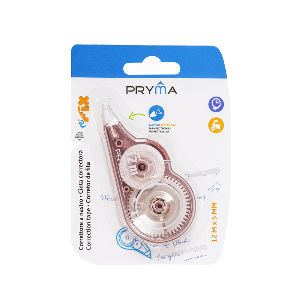 Pryma Correttore a Nastro Refix 5mm x 12m – Roller Alta Coprenza con Tappo, Rosa Oro per Scuola